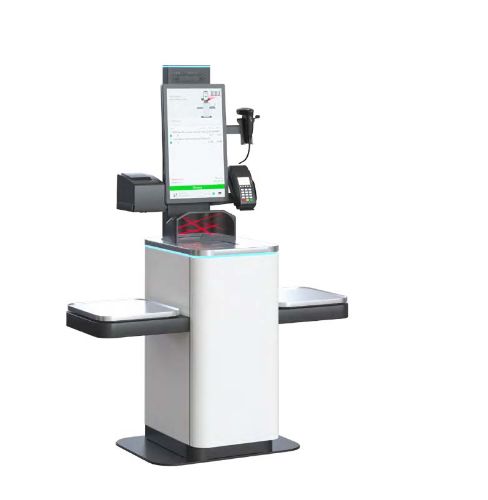 grafisk bilde av en selvbetjeningskasse med en hylle på hver side, og betaling, skjerm, kvitteringsskriver og scanner integrert