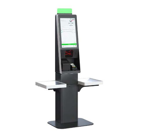 grafisk bilde av en mørsk grå selvbetjeningskasse med en hylle på hver side, og betaling, skjerm, kvitteringsskriver og scanner integrert