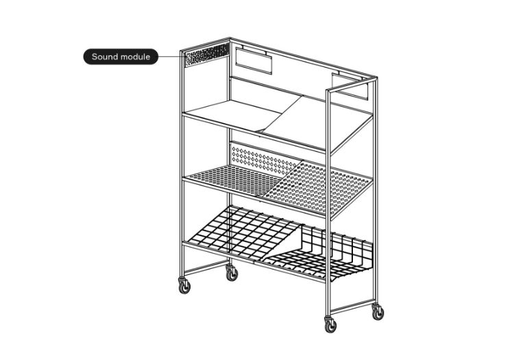 2d tegning av etasjebord for frukt og grønt, vist med lydenhet, i serien Greora, av Smart Supply