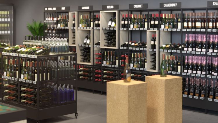 butikkinnredning med hyllesystem for vinflasker