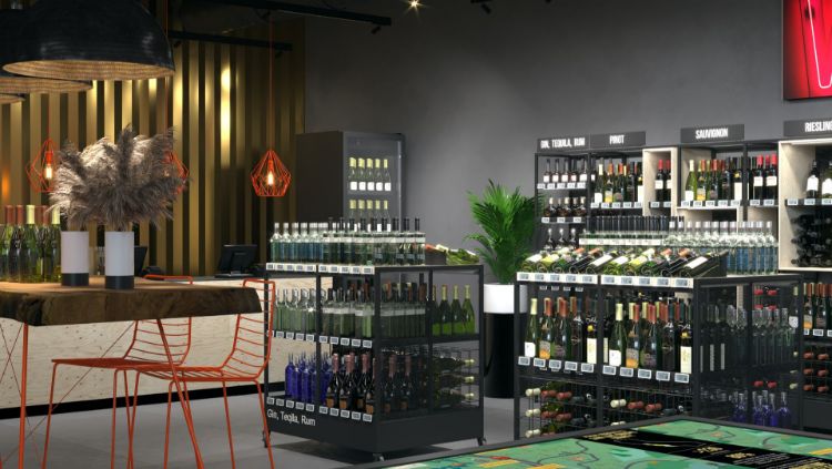 liten metallhylle for vinoppbevaring i butikk