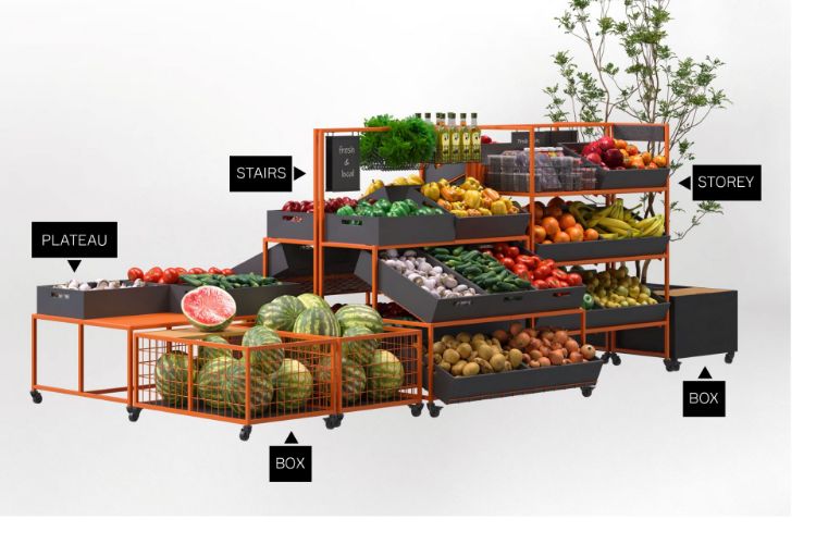 Greora hylledisplay med frukt og grønt, med alle modulene, av Smart Supply