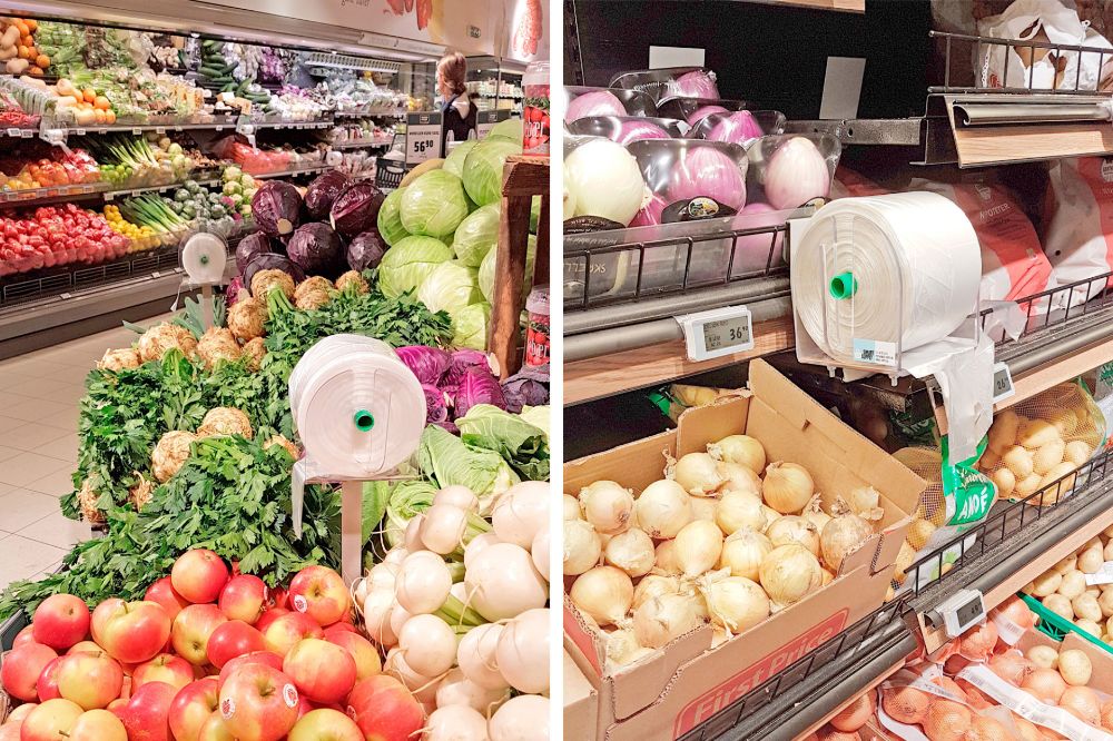 Bildecollage av frukt- og brødposer i butikk, levert av Smart Supply